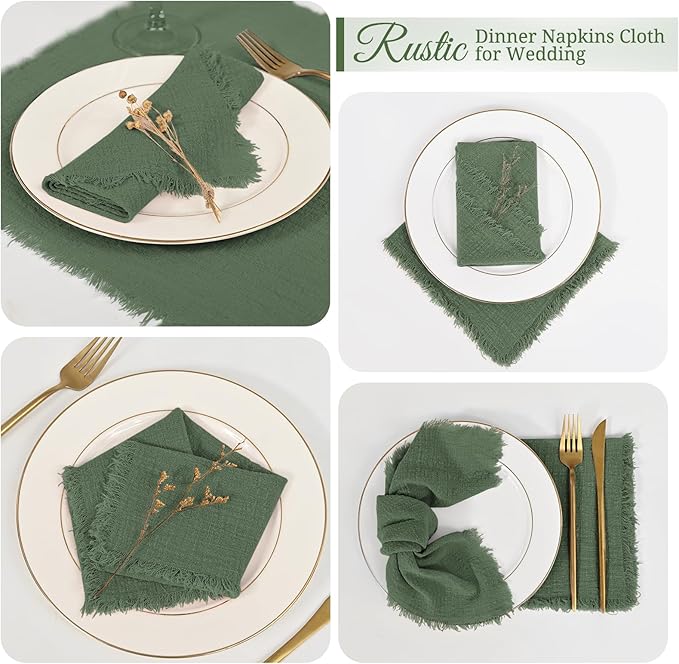50 Pack Olive Green Napkins Cotton Linen Napkins Bulk 16 x 16 Inch Green Cloth Napkin with Fringe Rustic Handmade Washable Dinner Napkin Cloth for Wedding Party Bridal Shower