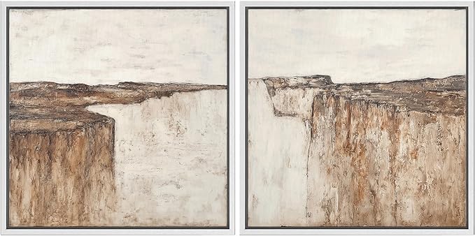 SIGNFORD Framed Canvas Print Wall Art Set Minimalist Abstract Canyon Cliff Neutral Earth Tone Landscape Modern Art Relax/Calm for Living Room, Bedroom, Office - 24"x24"x2 WHITE