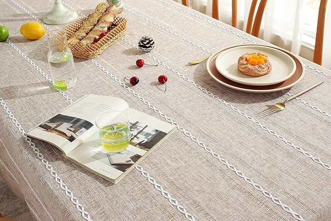 Chassic 60 x 84 inches Farmhouse Style Linen tablecloths, Wrinkle Resistant Washable Dining Room Table Cloths for Rectangle Tables - Hemstitch Light Coffee