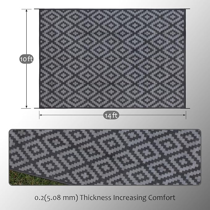SAND MINE Waterproof Outdoor Rug, Plastic Reversible Rug, Modern Area Rug, Large Floor Mat for Outdoors, RV, Patio, Backyard, Deck, Picnic, Beach, Camping (10' x 14', Black Grey Lattice)