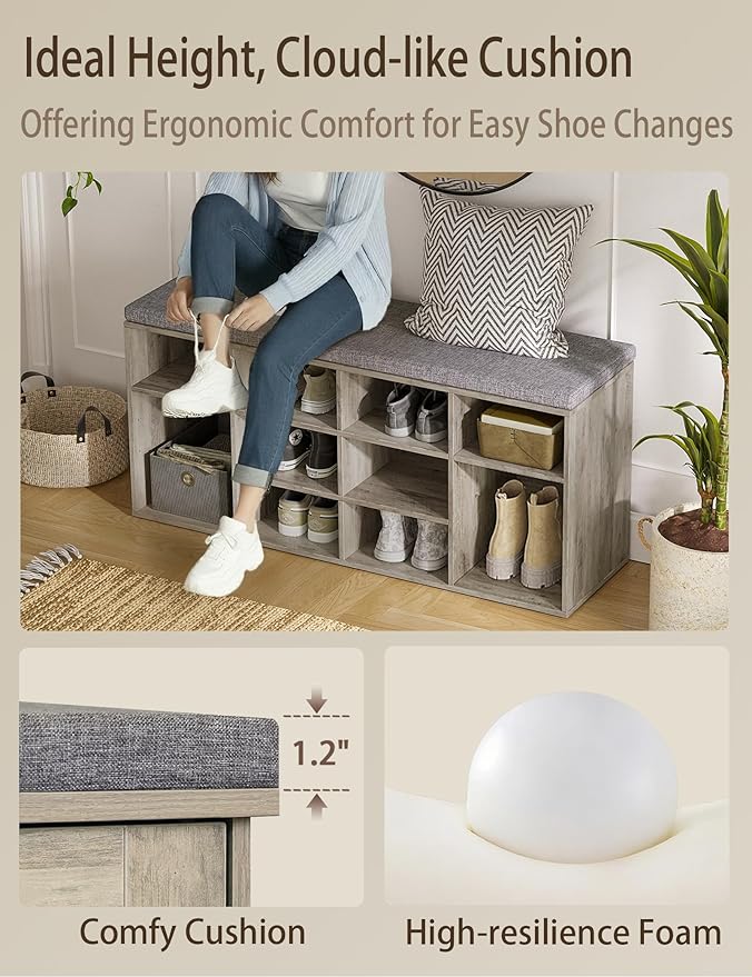 DINZI LVJ Shoe Bench, 12 Cubbies Shoe Organizer for Entryway, Storage Bench with Cushion, Cubby Shoe Rack with Adjustable Shelves for Living Room, Bedroom, Mudroom, Hallway, Gray Wash