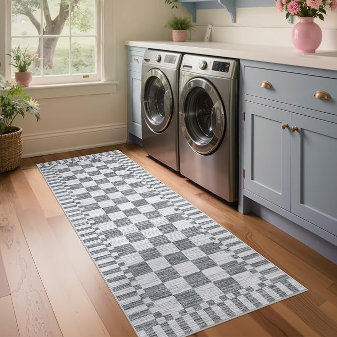 GarveeHome 2×5 Kitchen Runner Rug Non Slip,Grey Checkered Rug,Washable Runner Rug for Hallway Soft Low-Pile Geometric Checkerboard Rugs for Entryway Kitchen Dining Room