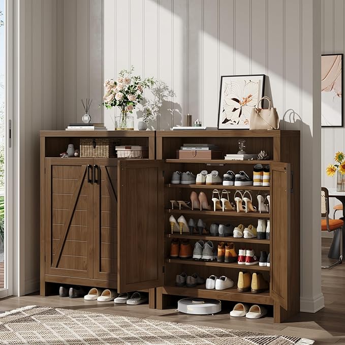 ONBRILL 6-Tier Shoe Cabinet with Doors, Farmhouse Shoe Storage Cabinet with Adjustable Shelves, Large Capacity Wooden Shoe Rack Organizer for Entryway, Closet, Hallway, Living Room (Walnut)