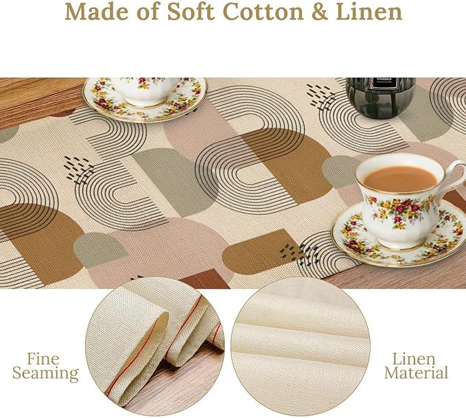 Mid Century Table Runner, Boho Neutral Abstract Geometric Bohemian Modern Table Decoration for Kitchen Dining Home Party Birthday, 13x60 Inch