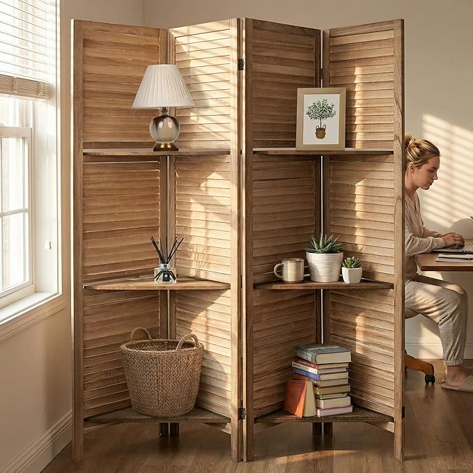 Bluecat 4 Panel Folding Room Divider with Shelves, Portable Lightweight Privacy Screen for Bedroom Home Office, No Assembly Required, Brown