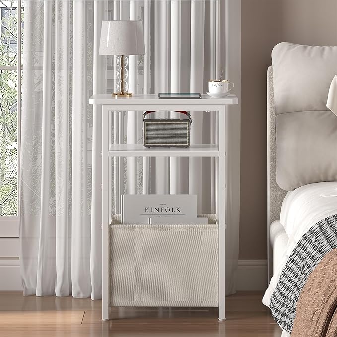 sthmec Narrow Side Table Set of 2, Skinny End Tables with Fabric Basket, Small Side Tables for Small Space,2-Tier Open Shelves with Basket, Slim Nightstands Set 2 for Bedroom,Livinroom,Office,White