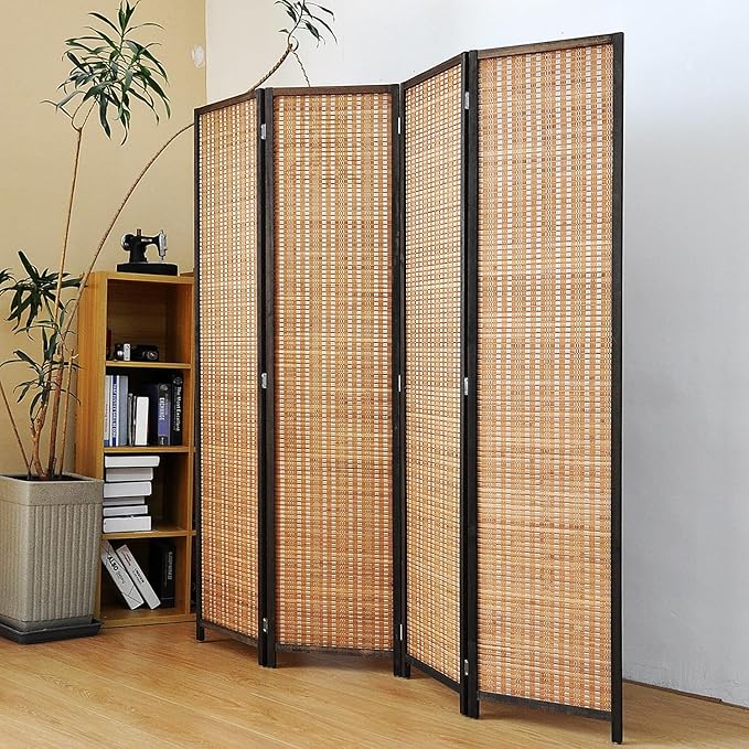 4 Panel Bamboo Room Divider Screen,5.6 FT Tall Bamboo Divider Folding Panel Screen,Freestanding Panel Divider for Room Seperation,Brown
