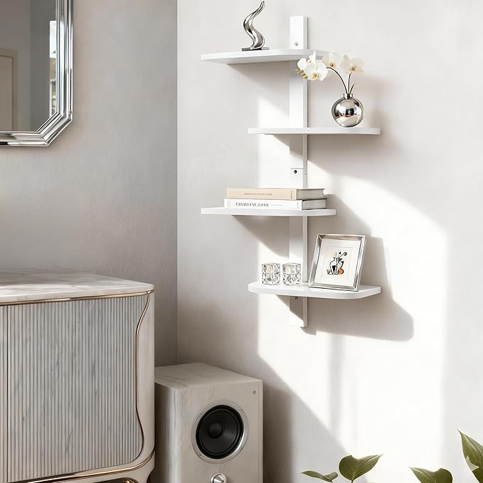Afuly White Floating Shelves for Wall Display Shelf Unit Modern Decorative Solid Wood Shelving Home Decor Living Room Bedroom Coffee Bar Bathroom Small Space Plant Photo Set of 4