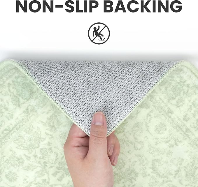 SIILOOM 2x3 Washable Rug Soft Area Rug for Entryway, Light Sage Green and Ivory Non-Slip Indoor Door Mat Floral Low-Pile Kitchen Rugs, Neutral Vintage Carpet for Entrance Kitchen Bedside Farmhouse