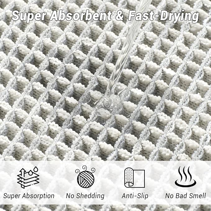 Waffle Bath Mat Set of 2, Non Slip Waffle Rugs for Bathroom, Super Absorbent & Quick Dry Soft Shower Mat for Bathroom & Kitchen Floor, Machine Washable Bath Rugs (Grey & White)