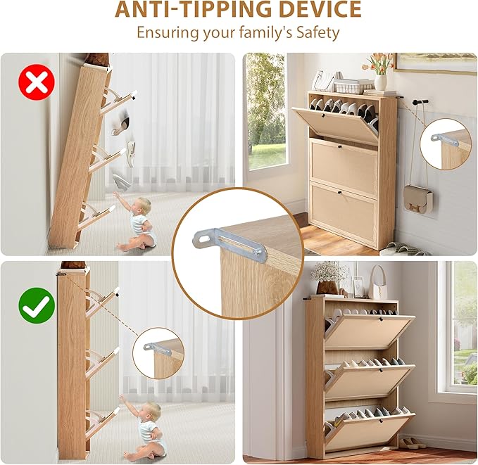 Shoe Cabinet Storage with 3 Flip Drawer for Entryway, 31.5 Inch Farmhouse Slim Narrow Wood Storage Cabinet for Shoes, Freestanding Shoe Organizer for Living Room, Aparment (Natural)