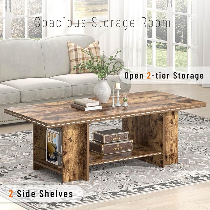 FOLUBAN Rustic Brown Coffee Table for Living Room, 2 Tier Low Center Table with Storage, Rectangle Cocktail Tea Table with Bottom Shelf & Side Shelves, 47 Inch