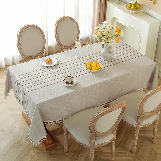 JIALE Tablecloths for Rectangle Tables, Cotton Linen Table Cloth Waterproof Tablecloth Wrinkle Free Farmhouse Dining Tables Cover, Soft Fabric Table Cloths with Tassels, Coffee, 55" X 70", 4-6 Seats