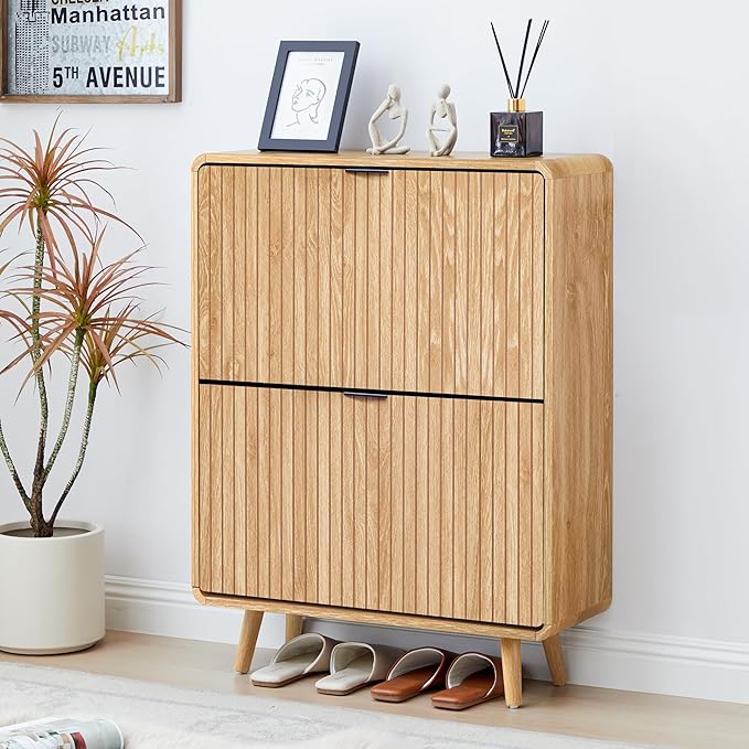 FurSch Fluted Shoe Cabinet Storage for Entryway,Slim Shoe Cabinet with 2 Flip Drawers, Narrow Shoes Rack Organizer (All Natural, 2 Drawers)