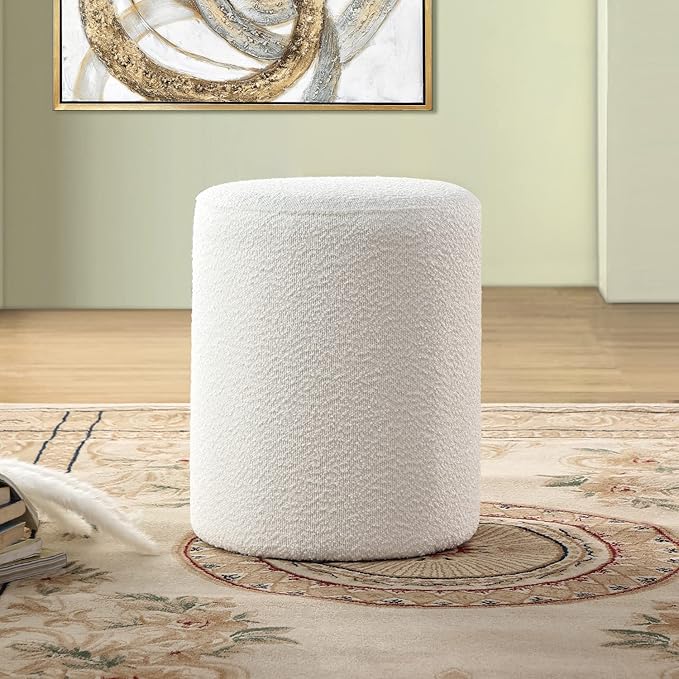 O2B Modern Round Ottoman with Soft Padded Seat – Multifunctional Vanity Chair, Upholstered Footrest Stool for Living Room and Bedroom, Furniture & Décor Store (White)