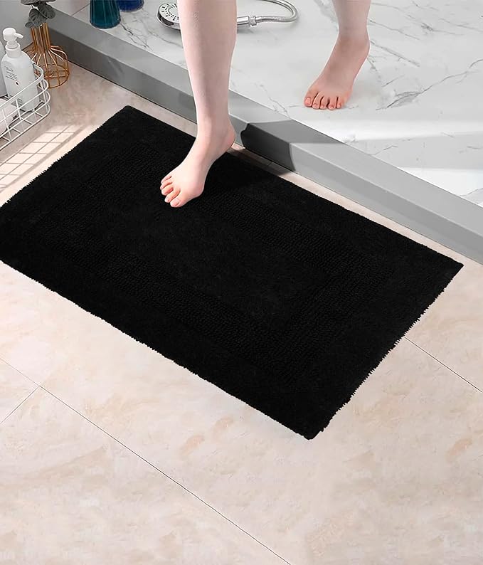 COTTON CRAFT Luxurious Bath Mat Rug - Set of 2 Reversible Heavyweight Step Out Bath Mats for Bathroom Floor, Tub and Shower - Pure Cotton Soft Plush Absorbent Tufted Racetrack Mat - 17x24 inch - Black