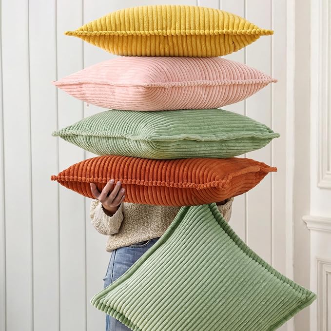 decorUhome Summer Corduroy Sage Green Euro Sham Throw Pillow Covers 24x24 Set of 2 Decorative Soft Boho Farmhouse Couch Pillow Covers for Living Room Bed Sofa Broadside Striped Pillow Cases