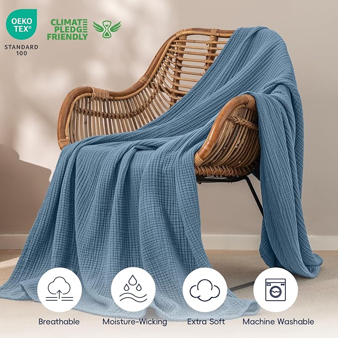PHF 100% Cotton Muslin Blanket Twin XL Size 66"x90", 4-Layer Lightweight Gauze Throw, Breathable Cloud-Soft Minimalist Blanket for Bed, Couch, Camping & Baby, Denim Blue, Ideal Gift