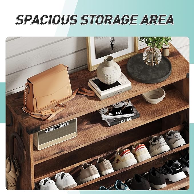 Vabches Shoe Storage Cabinet with 2 Flip Drawers,Freestanding Narrow Shoe Organizer with Open Storage,Hidden Slim Shoe Rack Cabinet for Entryway,Hallway,Brown