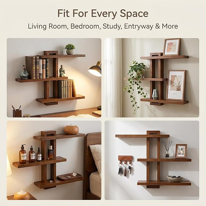 yaqew Variable Floating Shelves Wood Set of 3, Cube Wall Mounted Shelves 28.35" Max, Wall Shelves for Living Room Bathroom Bedroom Farmhouse - Light Walnut Color - 28.35" x 23" x 4.3" Max