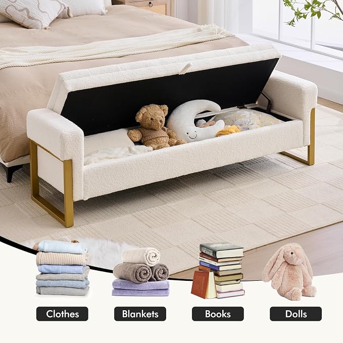 67" End of Bed Storage Bench King Size, Bench for Bedroom Foot of Bed, Upholstered Teddy Storage Ottoman with Gold Legs for Window Living Room, Teddy White