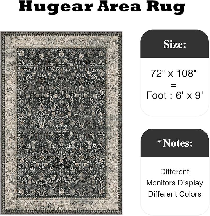 HUGEAR 6x9 Machine Washable Rugs Black Beige Hallway Large Area Rug Indoor Accent Rug Floral Low Pile Carpet Soft Throw Aesthetic Rug Bedroom Living Room Office Dining Room Laundry Room
