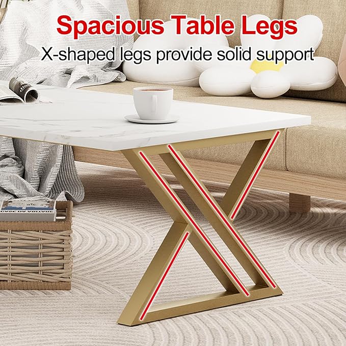 Wolawu Coffee Table Living Room Table White Center Table, Simple Modern Faux Marble Rectangular Tea Tables with Sturdy Gold Metal Frame,Industrial Wooden Coffee Table for Bedroom Home Office