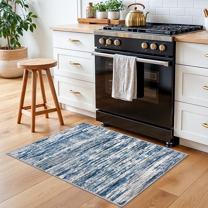 SIILOOM 2x3 Modern Abstract Rug for Entryway, Navy Blue Gray Neutral Multi Super Soft Small Area Rug, Washable Non-Slip Kitchen Rugs, Low-Pile Mat for Bedside, Indoor Door Mat