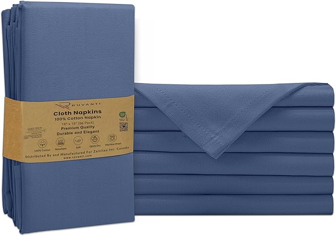 Ruvanti Cloth Napkins Set of 6, 100% Cotton High GSM 18x18 Inches Soft, Washable, Highly Durable & Absorbent, Perfect for Parties, Christmas, Thanksgiving Dinners – Bijou Blue