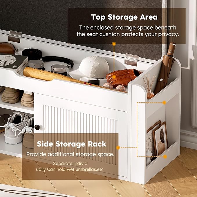 39.4" Storage Bench - Entryway Shoe Bench with Side Storage Shelves and 2 Doors, Multifunctional Entryway Bench with Lift Top Cushion, Shoe Storage Bench for Bedroom, Living Room, White