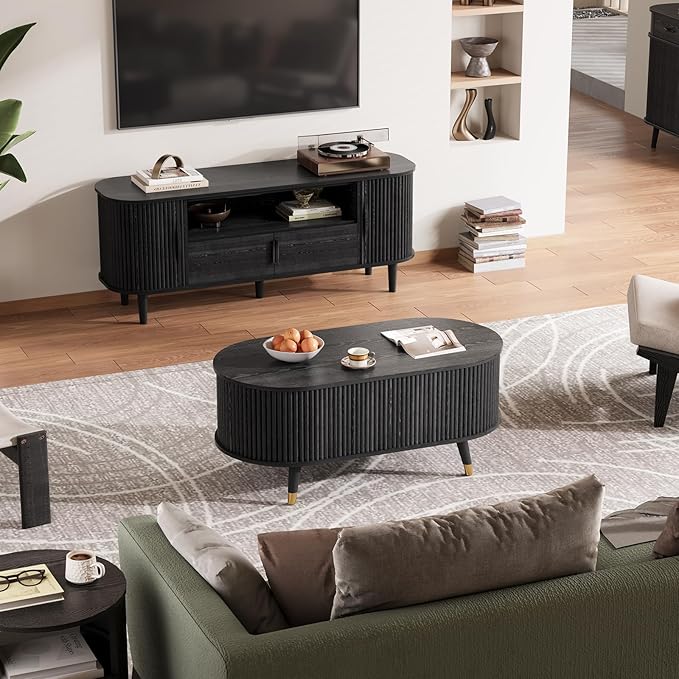 Oval Lift Top Coffee Table with Storage, 42.5” Fluted Coffee Table with Lifting Top & Solid Wood Legs, Mid Century Modern Center Table for Living Room, Home Office, Black