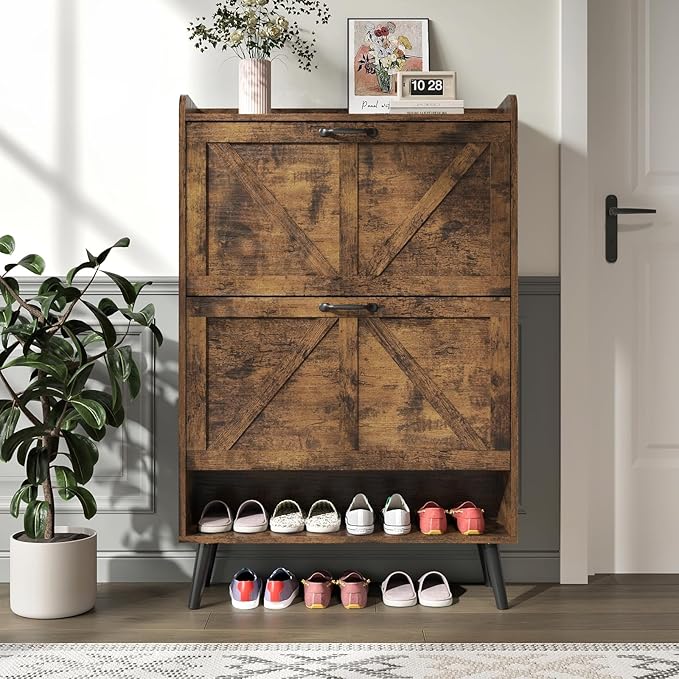 Shoe Cabinet Storage with 2 Flip Drawers, Hidden Shoe Cabinet for Entryway Slim, Farmhouse Shoe Organizer with Wood Legs, Narrow Shoe Rack Cabinet, Rustic Brown