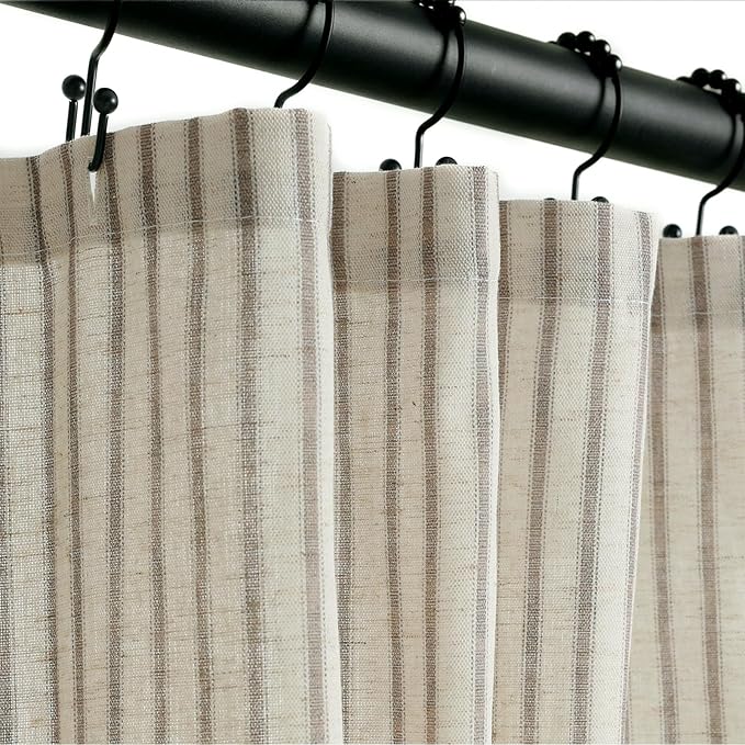 Farmhouse Striped Shower Curtain - 72x84 Inches, Linen Blend Fabric, Breathable & Machine Washable, Rustic Taupe for Bathroom Decor (Hooks/Liner Not Included)