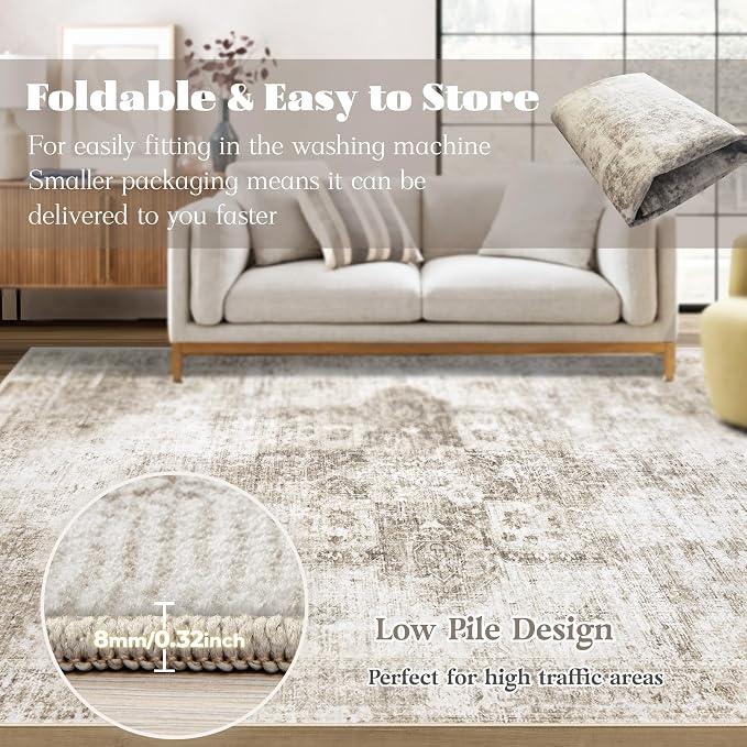 Area Rug 10x12 Washable Rug, Vintage Boho Medallion Rugs Non-Slip Soft Low Pile Large Distressed Rug Indoor Retro Carpet for Living Room Bedroom Dining Room Home Office (Taupe, 10'x12')