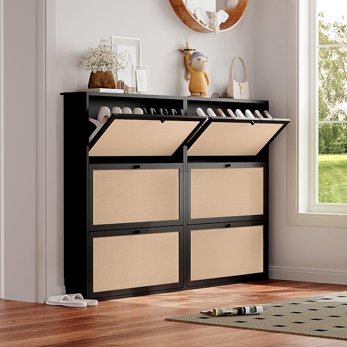 Narrow Shoe Storage Cabinet, 31.5" Slim Shoe Organizer with 3 Flip Drawer, Modern Hidden Shoes Cabinet for Entryway, Non-Divider Drawer Wood Shoe Storage for Hallway, Living Room (Black)