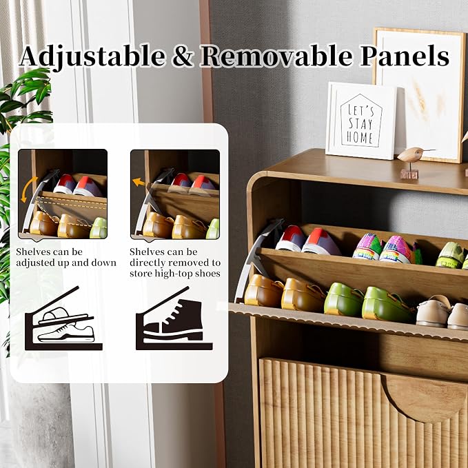 Narrow Shoe Cabinet for Entryway, Fluted Entry Way Shoe Storage Cabinet with 2 Flip Drawers Doors, Slim Hidden Shoe Rack Organizer for Entrance, Foyer, Hallway, Wood, 2 Tier