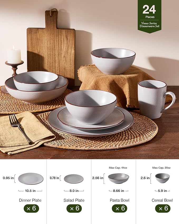 Famiware Venus Speckled Dinnerware Set, 24-Piece Stoneware Dishes for 6, Matte Light Gray - Includes Pasta Bowls & Dinner Plates for Everyday Meals or Formal Dining, Microwave & Dishwasher Safe