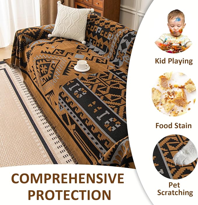 VClife Boho Couch Cover, Aztec Sofa Cover for Dog, Non Slip Washable Couch Covers for 3-4 Cushion Couch Sofa, Reversible Triangle Geometric Futon Cover Furniture Protector (Black-Pumpkin, 71" x 150")