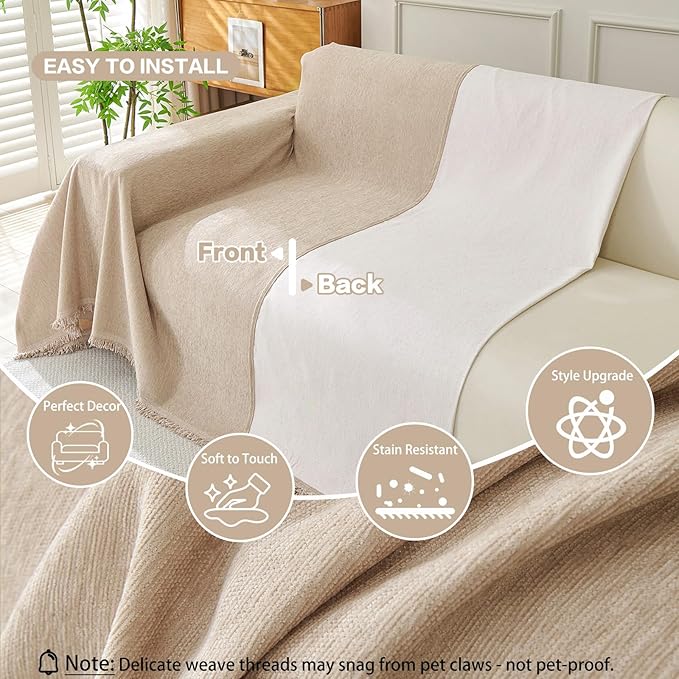 DREAMINGO Sofa Covers Washable Thick Chenille Couch Cover for 3 Cushion Couch Sofa Multi-Use Couch Cover Blanket Modern Pet Furniture Protector Sectional Couch Slipcover 71"x150", Khaki