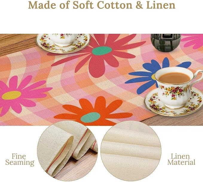 Retro Floral Checkered Table Runner Vintage Gardern Flowers Twisted Colorful Groovy Trendy Hippie Grid Farmhouse Country Dinner Runner for Home Kitchen Dining Table Party Holiday Decor 13"x120"