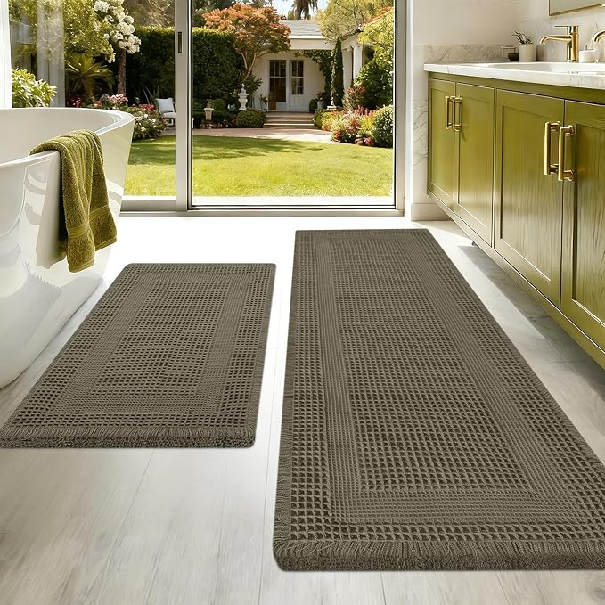Upgraded Waffle Bath Mat Set 2 Piece Greyish Green-Looped, Super Absorbent Non-Slip Quick Dry Bathroom Rugs with Tassels, Machine Washable Ultra Soft Boho Bath Rugs, Toilet Mats Boho Farmhouse Decor