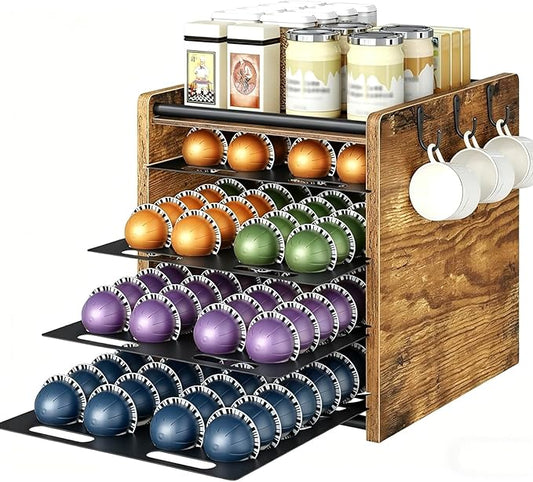 YATINEY Coffee Pod Drawer Holder, 4 Tier Holder for Vertuo, Coffee Pod Organizer for Countertop, 144 Pods Large Capacity, for Home Kitchen, Cafe, Space Saving, Rustic Brown KH16BR