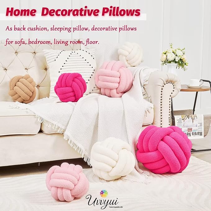 Uvvyui Knot Pillow Ball, Soft Home Decorative Pillows, Round Throw Pillow, Handmade Knotted Plush Pillow, Round Boucle Pillow Cushion (14 Inches Hot Pink)