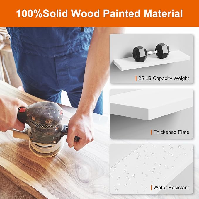 3-Pack 24" White Modern Wooden Floating Shelves, Wall Mounted, Set of 3, 6.7" W x 24" L x 1" H, 25lbs Load Capacity Each, Perfect for Bathroom, Kitchen, Living Room, Bedroom
