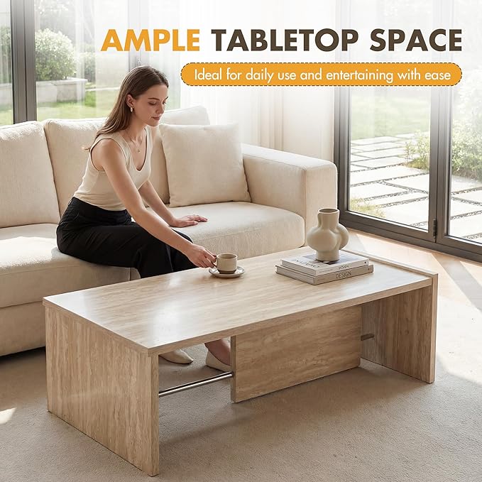 Hyfirm Faux Travertine Coffee Table for Living Room: Rectangular Minimalist Coffee Table with Sturdy Frame Contemporary Accent Tables for Office Apartment Family Room Center Table (Natural Beige)