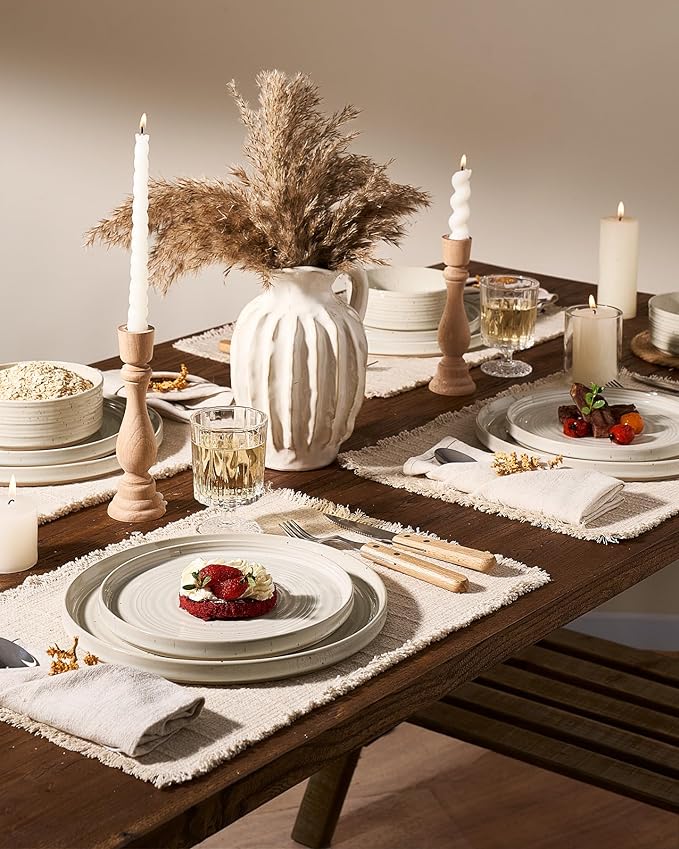 12-Piece Stoneware Dinnerware Set, High Edge Plates & Bowls with Reactive Glaze, Speckles & Spirals, Scratch Resistant Dish, Dishwasher Safe, Modern Rustic, Service for 4, Shell Beige