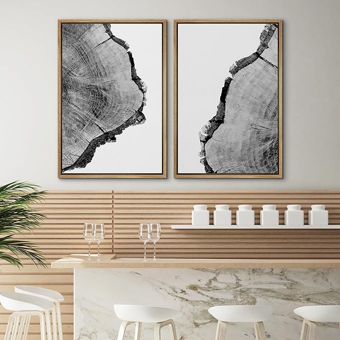 SIGNWIN Framed Wall Art Print Set Black & White Close Up Tree Ring Details Nature Wilderness Photography Modern Art Rustic Relax/Calm Multicolor for Living Room, Bedroom, Office - 16"x24"x2 Natural