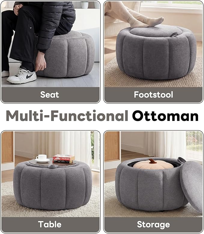 Tbfit Round Storage Ottoman - No Assembly Required, Storage & Sturdy Structure Multi-Functional Seat/Footrest for Living Room, Bedroom & Kids Room Soft Fabric for Family Home Use