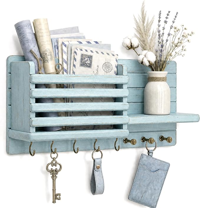 Rebee Vision Pine Wood Key Holder Wall Mount for Home Decor - Rustic Key Holder for Wall with 8 Hooks & Mail Slot – Farmhouse Wall Organizer for Entryway, Home Storage & Apartment Decor (Blue)