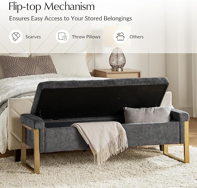 Modern Storage Ottoman Bench with Gold Metal Legs Upholstered Footrest End-of-Bed Bench with Hidden Storage, Hallway and Entryway Charcoal
